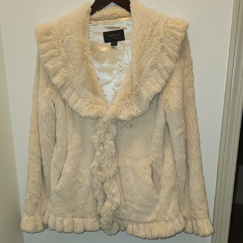 Damsel New York Faux Fur Jacket Size Small Cream Y2K Coquette Glam Coat
